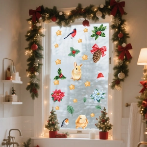 Christmas window stickers with birds, rabbits and stars in watercolor style on glass