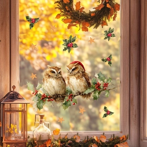 Christmas window stickers with hand-painted owls and berries on wooden frame