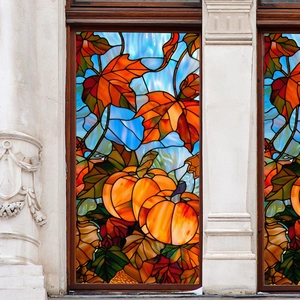 Detailed autumn stained glass window film with pumpkin and red maple leaf patterns
