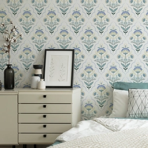 Pastel floral wallpaper with European pattern in a bright, modern bedroom setting