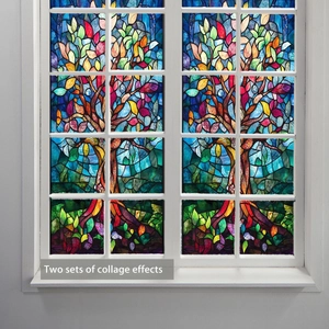 Détail montrant deux ensembles de film pour vitres avec arbre coloré effet mosaïque