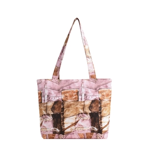 Floral print denim style tote bag with large capacity and brown leather handles for women