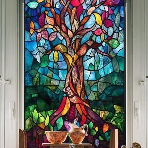 Sticker de fenêtre arbre de vie coloré style vitrail pour une décoration intérieure élégante