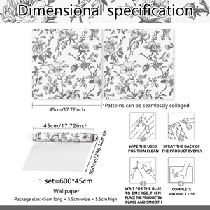 Dimensional spec for floral wallpaper roll 600x45cm with seamless pattern guide