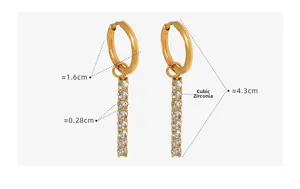 Detailed dimension view of 18K gold plated drop earrings with rhinestone bar charms