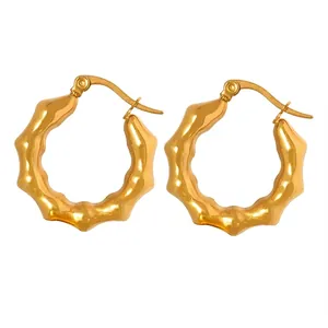Bamboo Texture Hoop Earrings Titanium Steel 18K Gold Plated Geometric Retro Style Minimalist Elegant Women Daily Jewelry
