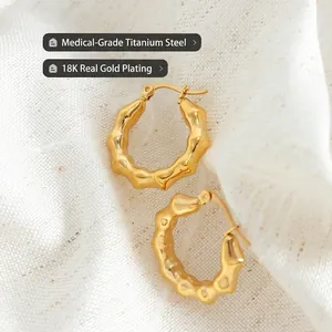 Retro C-shape bamboo texture hoop earrings in 18K gold plated titanium steel