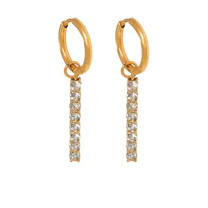 Hoop Dangle Earrings 18K Gold Plated Stainless Steel Long Vertical Bar Zircon Sparkly Geometric Jewelry For Women