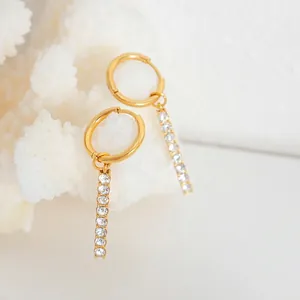 18K gold plated hoop earrings featuring sparkling zircon stone rectangular bar drops