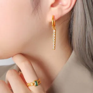 Elegant 18K gold-plated drop earrings with zircon bars and a green gemstone chain ring