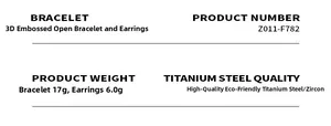 Specifications for embossed titanium steel bangle and zircon earrings set with weights