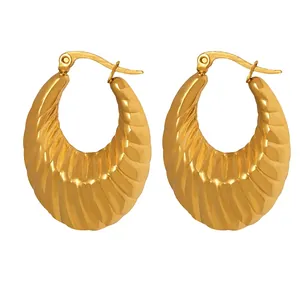 Boucles D Oreilles Créoles Croissant Texturées Plaqué Or 18K Acier Inoxydable Chunky En Forme De U Géométrique Pour Femmes