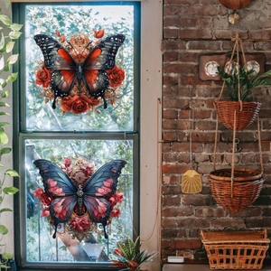 Dubbelzijdige vlinder raamstickers met mechanische tandwielen en bloemen fantasie print