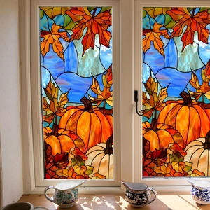 Static cling window film with fall pumpkin and maple leaf designs for home decoration