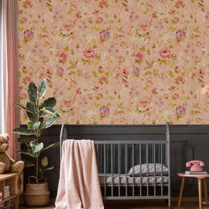 Vintage-Blumentapete mit Rosen- und Vogelmustern für die Kinderzimmerdekoration