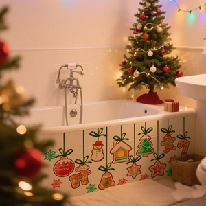 Double-sided gingerbread man and snowman decals applied to a festive white bathtub