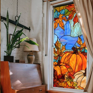 Stained glass style autumn window static sticker with orange pumpkin and maple leaves
