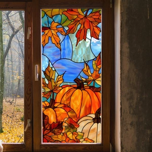 Stained glass style autumn window film with orange pumpkins and golden maple leaf patterns