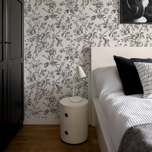 Detail of floral wallpaper in black and white tones for modern bedroom interior decor