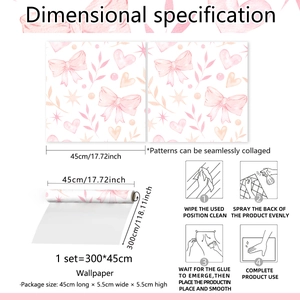 Pink hand-drawn wallpaper with bows and hearts including a detailed 300x45cm size guide