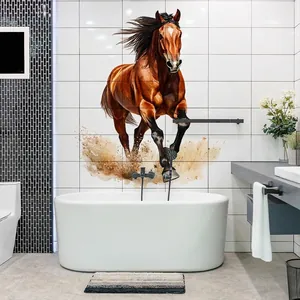 Sticker mural de cheval brun au galop avec effet aquarelle pour décor de salle de bain