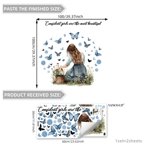 Watercolor wall sticker set featuring a girl with blue butterflies and floral accents