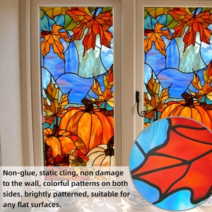 Detail of static cling window film with double-sided pumpkin and maple leaf patterns