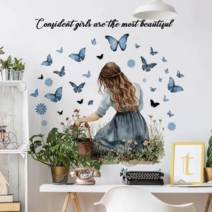 Wall Decals Watercolor Girl Back View Blue Butterflies Flowers Confident Girls Quote Self Adhesive Removable PVC Sticker