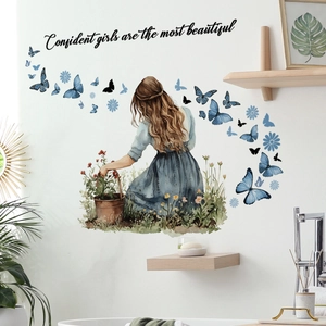Watercolor wall sticker featuring a girl in blue dress with butterflies and quote