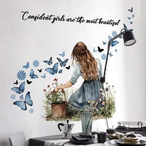 Girl and blue butterflies watercolor wall sticker for living room bedroom decoration