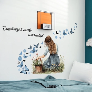 Watercolor girl with blue butterflies and confident slogan wall decal for bedrooms