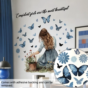 Detail showing the girl and blue butterfly wall decal with 'Confident girls' quote text