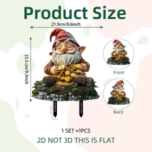 Christmas gnome garden stake with gold coins and double-sided 2D flat design
