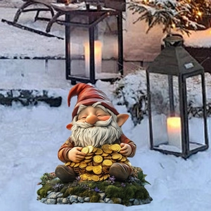 Christmas gnome garden stake with red hat and gold coins on snowy festive ground