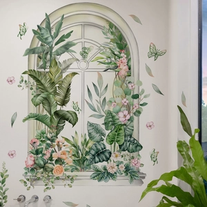 Adhesivo de pared ventana acuarela con árboles verdes y flores para decoración de dormitorio