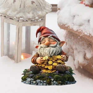 Winter garden gnome statue with gold coins in snow next to a glowing white lantern