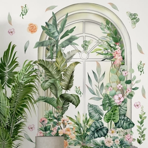 Vinilos decorativos de ventana falsa con plantas tropicales acuarela para dormitorio