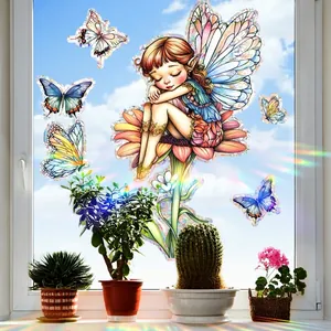 Rainbow prism window cling set featuring a fairy on sunflower and colorful butterflies
