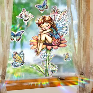 Rainbow prism window sticker featuring a fairy on sunflower with colorful butterflies