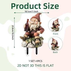 Garden gnome stake 2D double-sided design with dimensions 10.2x7.1 inch for yard decor