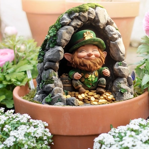 Garden leprechaun statue with gold coins for St. Patrick's Day courtyard decor