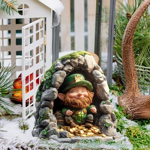 Detailed St. Patrick's Day leprechaun garden stake with gold coins and clover hat
