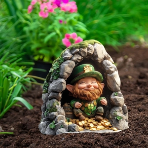 Garden gnome figurine with gold coins and shamrock hat for Saint Patrick's Day decor