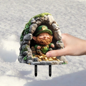 Close-up of St. Patrick's Leprechaun garden stake with lucky gold coins and shamrocks