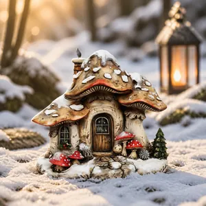Christmas mushroom house garden stake with snow-covered roof and decorative pine trees