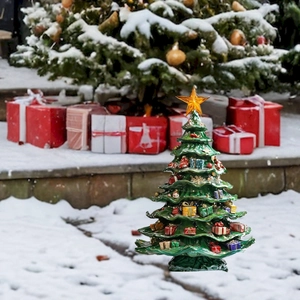Christmas tree garden stake with golden star and colorful gift box decorations