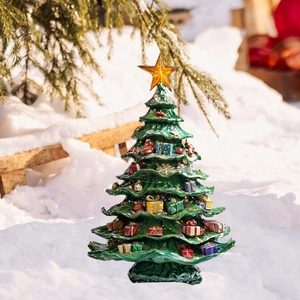 Creative Christmas tree garden stake with star topper and colorful gift box ornaments