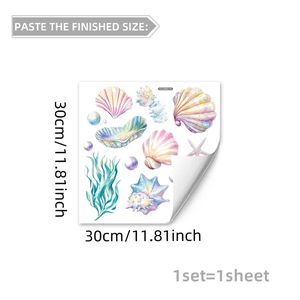 Luminous ocean themed wall stickers featuring watercolor seashells and starfish on white background