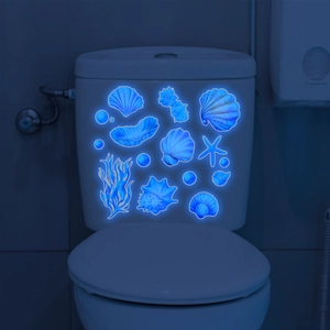 Luminous blue ocean shell and starfish wall stickers glowing in the dark bathroom