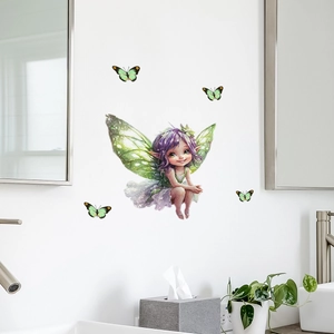 Adesivo murale fata verde luminosa con farfalle per decorazioni domestiche moderne